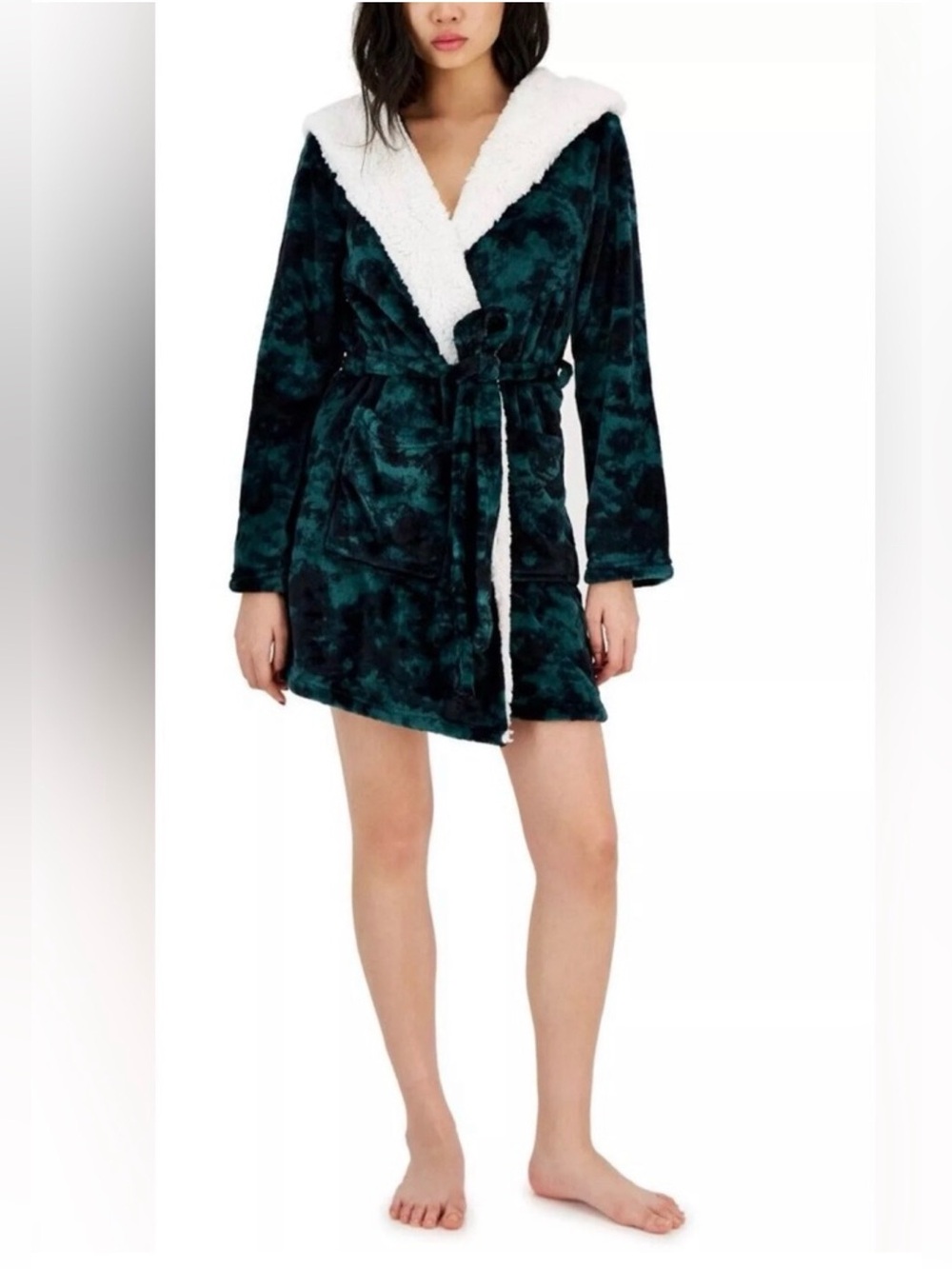 JENNI Women's Green Short Sherpa Hooded Plush Robe Size XL/XXL